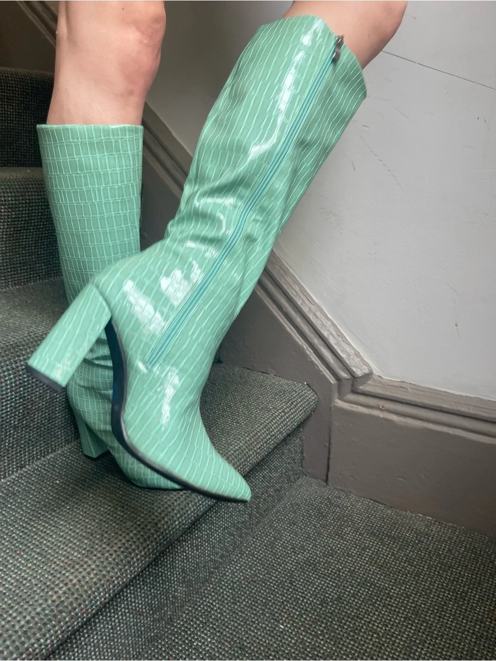 Never worn. Mint Croc-Embossed Knee High Boots - Women's Fashion Boots